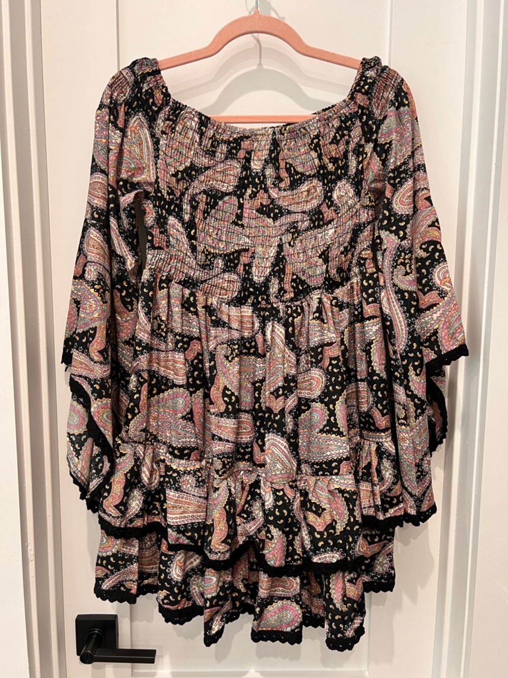 EARTHBOUND Black Paisley Smocked Off-Shoulder Tunic with Pink & Cream Accents